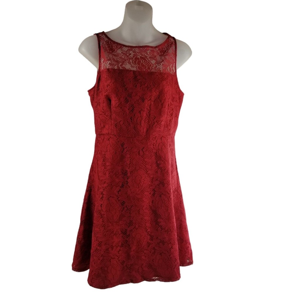 BB Dakota Red Fit & Flare Mini Dress Crew Neck Lace Open Back Women's Size 6 - Picture 16 of 16
